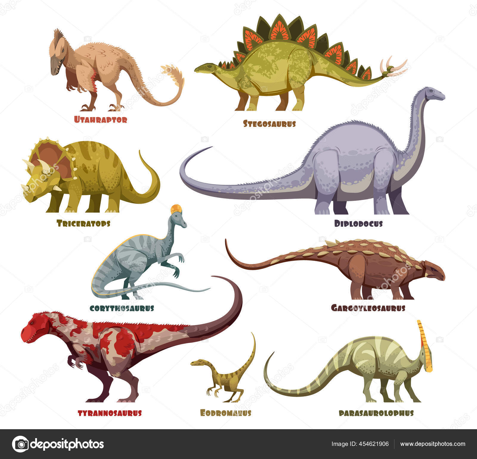 Conjunto de desenhos animados de dinossauros com nomes vetor(es) de stock  de ©macrovector 454621906